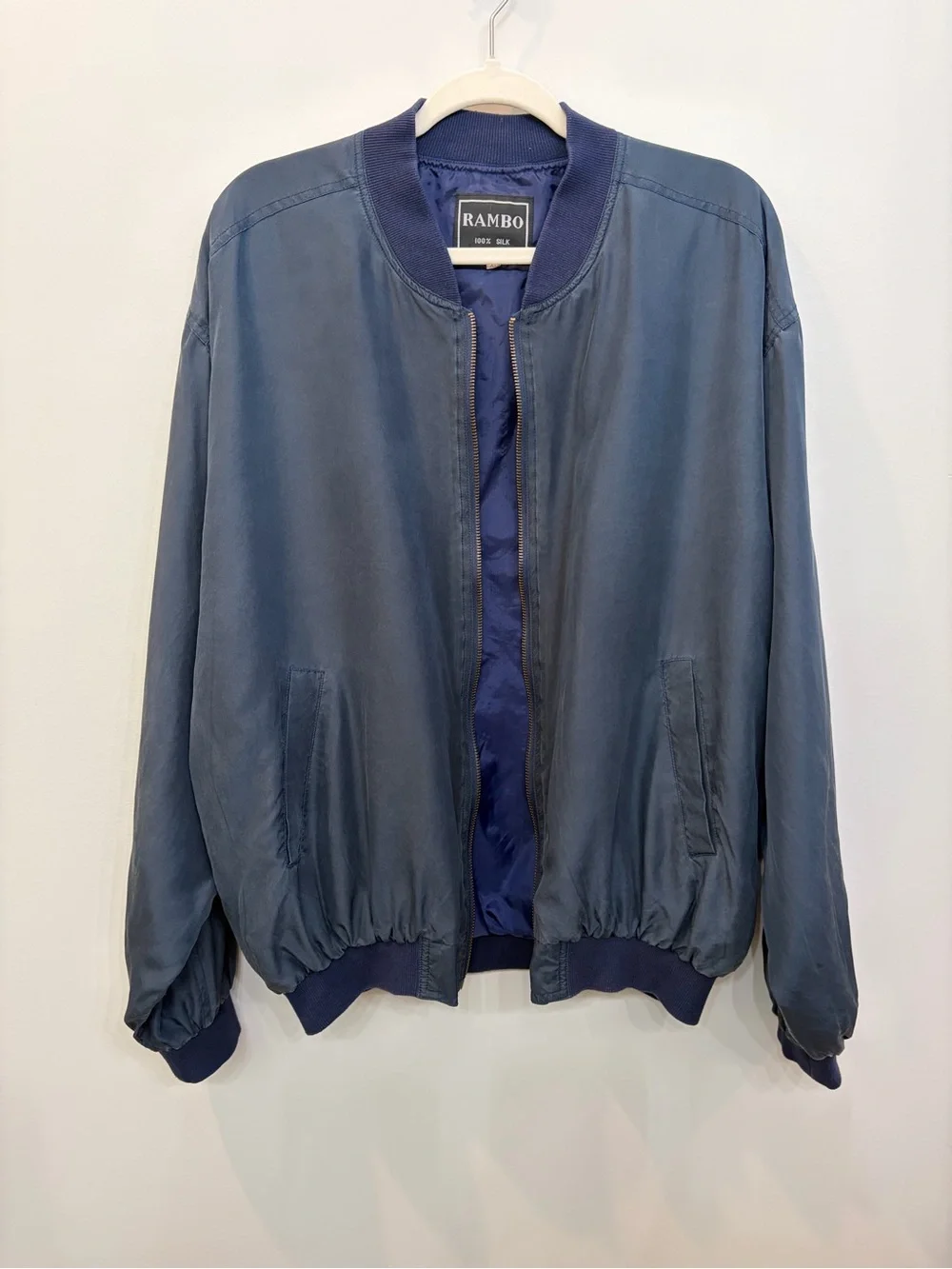 Vintage Rambo Men’s Silk Bomber Jacket Navy Zip Front Size XL 80s 90s Streetwear